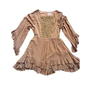Mia Joy Joyfolie Tan Lace Applique Ruffle Sleeve Boho Mini Dress Womens Small